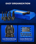 Torx Bit Socket Set One Half Inch Drive Eight Piece Cr-Mo Steel Impact Sockets T30 Through T80 With Carry Case displayed