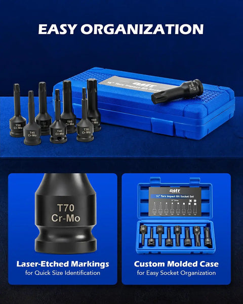 Torx Bit Socket Set One Half Inch Drive Eight Piece Cr-Mo Steel Impact Sockets T30 Through T80 With Carry Case displayed