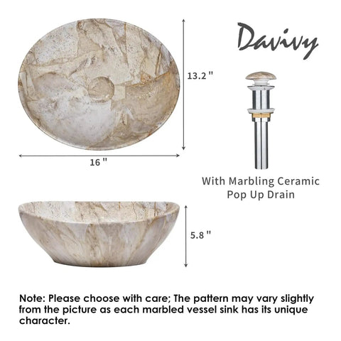 Oval Marble Vessel Sink With Pop Up Drain For Above Counter Bathroom Ceramic Vessel Sink With Nordic Marbling