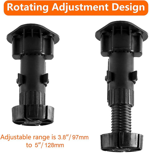 12 Pack Black Cabinet Leveler Legs For Furniture Adjustable Feet For Sofa Couch Chair And Cabinets Elevates From Approximately 3.8 Inches To 5 Inches Easy Replacement, featuring rotating adjustment design