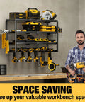 4 Layer Power Tool Organizer Wall Mount With Cordless Drill Hanger Storage Rack And Battery Tools Holder With Charging Station Shelf For Garage, Workshop, Pegboard, Shed 24 Inch 6 Slots mounted on wall with tools.