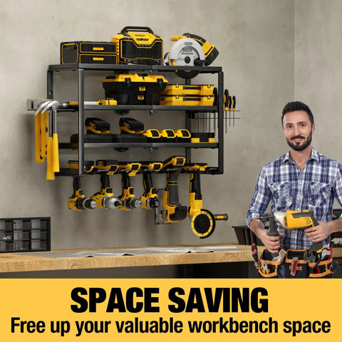 4 Layer Power Tool Organizer Wall Mount With Cordless Drill Hanger Storage Rack And Battery Tools Holder With Charging Station Shelf For Garage, Workshop, Pegboard, Shed 24 Inch 6 Slots mounted on wall with tools.