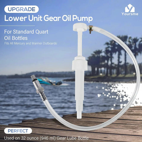 Gear Lube Pump For 32 Oz Bottles With Three Eighths Inch Swivel Adapter on a wooden dock by a lake.