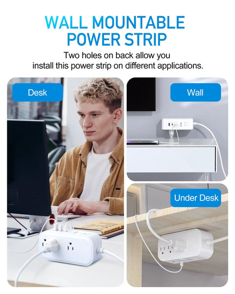 10FT Surge Protector Power Strip With 65W USB C PD And 30W USB C Fast Charging 6 Outlets And 3 USB Ports Flat Plug For Desk Wall Mount Overload Protection Ideal For Dorm And Home Office And Travel