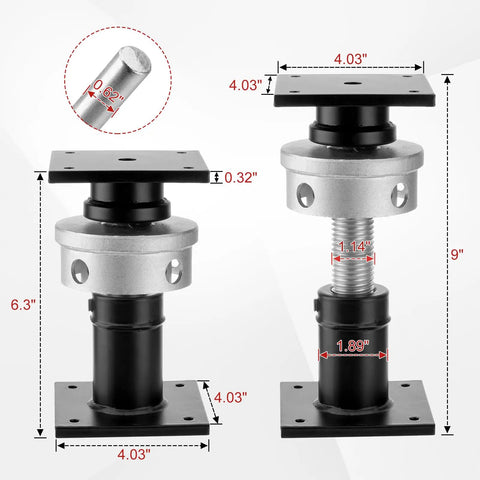 Heavy Duty Adjustable Screw Jacks For Home Leveling With Built Tough Steel Frames Holding 22046 Lbs Plus Hassle Free Aluminum Turning Wheels. Dimensions shown.