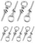 Ten Pack 316 Stainless Shoulder Eyebolts One Quarter Inch By Two Inch With High Corrosion Resistance And Four Hundred Pounds Working Load Limit For Straight And Angular Pulls Heavy Duty Marine Grade Hardware, front view, showing threaded eyebolts and nuts.