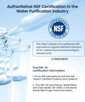 Glacier Fresh water filter cartridge with NSF certification badge; lab glassware in the background