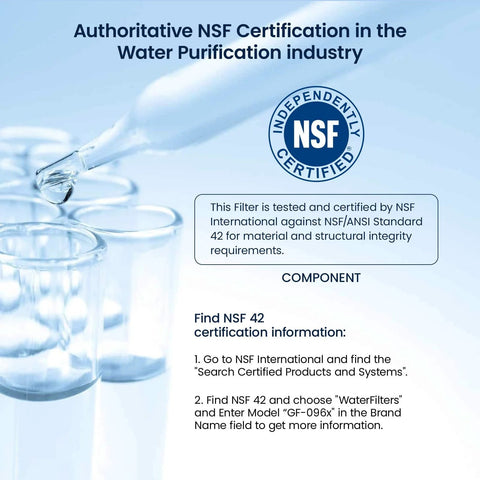 Glacier Fresh water filter cartridge with NSF certification badge; lab glassware in the background