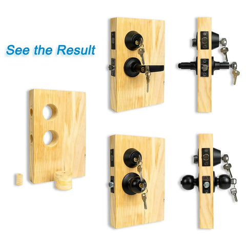 Pro Grade Door Lock Installation Kit With No Sweat Adjustable Guide Jig And Dual Hole Saw Set Plus Hex Key, wood door lock mock-up.