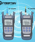 Front view of two FYBOPTWU optical power meters (3-in-1 tester) with SC and FC fiber adapters