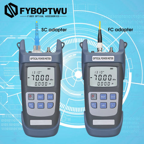 Front view of two FYBOPTWU optical power meters (3-in-1 tester) with SC and FC fiber adapters