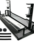 Under Desk Cable Management Tray With Clamp For Quick No Drill Setup; wire basket with power strip and clamps, black finish