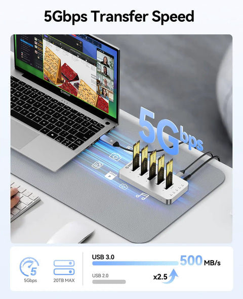 Built Different Five Bay M.2 NVMe SATA SSD Docking Station With One Click Offline Clone for Bulk Data Migration with USB 3.0 connection