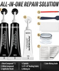 Image showing Leather And Vinyl Repair Kit For Sofas Jackets Car Seats And Purses With Easy To Follow Instructions No Experience Needed To Match Any Color And Restore Any Material Like Bonded Italian Pleather Or Genuine Leather Surfaces, including black and white compounds, spatula, and mixing guide.