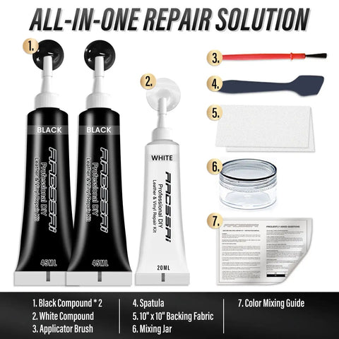 Image showing Leather And Vinyl Repair Kit For Sofas Jackets Car Seats And Purses With Easy To Follow Instructions No Experience Needed To Match Any Color And Restore Any Material Like Bonded Italian Pleather Or Genuine Leather Surfaces, including black and white compounds, spatula, and mixing guide.