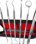 Six Piece At Home Dental Hygiene Kit for Plaque and Tartar Removal Stainless Steel Dental Picks With Case displayed
