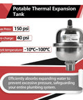 Compact Stainless Steel Thermal Expansion Tank With Hammer Arrestor For Tankless Water Heaters And Beverage Appliances 0.16 Liter Capacity Space Saving Half Inch MNPT Threaded, showcasing specifications and design.