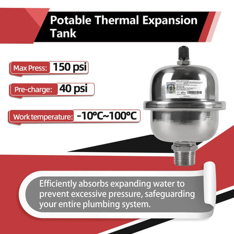 Compact Stainless Steel Thermal Expansion Tank With Hammer Arrestor For Tankless Water Heaters And Beverage Appliances 0.16 Liter Capacity Space Saving Half Inch MNPT Threaded, showcasing specifications and design.