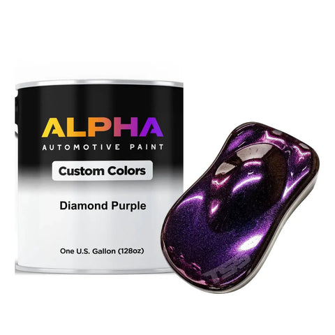 Professional Purple Basecoat Midcoat Gallon Kit Ready To Spray With Heavy Metallic Flake Effect And Included Medium Reducer For A Custom Car Paint Job That Hits Different And Delivers Drip Worthy Swag Every Time You Roll, showing Gallon can and sample.