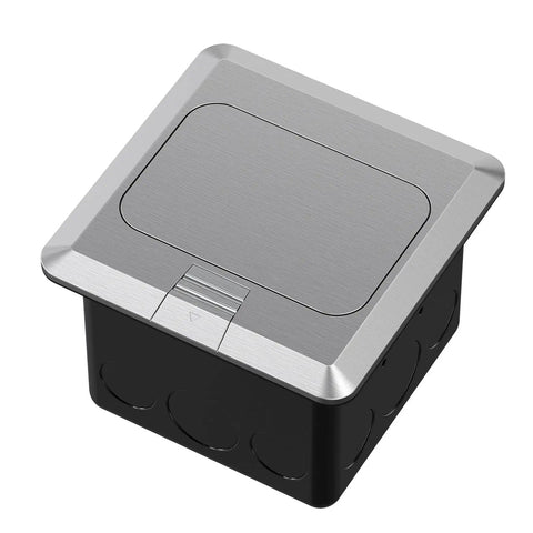 Pop Up Floor Outlet With 20 Amp GFCI, Stainless Steel Recessed Floor Box, silver finish, closed position view
