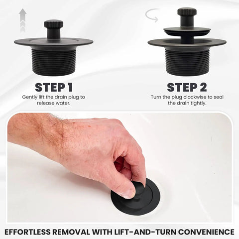 Oil Rubbed Bronze Bathtub Drain Kit With Lift And Turn Plug And Overflow Plate Replacement Tub Drain Assembly Screws Included Universal Fit For 1-3/8 And 1-1/2 Inch Drains Brass Construction Easy Install shown with step-by-step usage