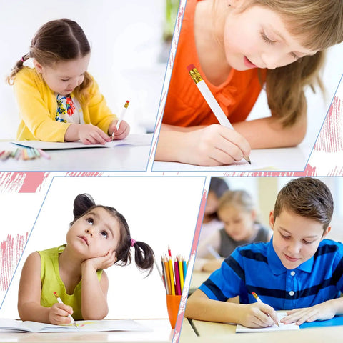 Children writing with 24 Pack Mini White Golf Pencils With Erasers, Short Hexagon Wooden 2B Graphite Pencils for various events