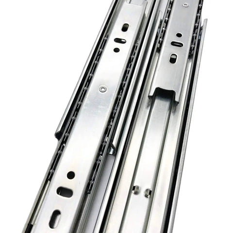 Close-up of Five Pairs Of 16 Inch Full Extension Drawer Slides With Ball Bearing Silent Side Mount Quiet Glide Action Zinc Plated Steel 100 Pound Load Capacity Includes Screws Easy Third Channel Removal Buckle, showing zinc-plated steel construction and ball bearing tracks.