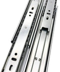 10 Pairs Of 16 Inch Full Extension Drawer Slides With Ball Bearing Mount, Silent Smooth Glide Side Mounted Steel Slides, 100 Lb Load Capacity, Zinc Plated, Easy Release Buckle, Screws Included close-up view of zinc plated steel construction and ball bearing mechanism for smooth sliding.