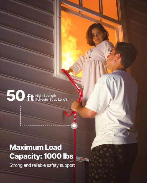 Grab And Go Emergency Fire Escape Ladder For Homes And Apartments, 5 To 6 Story 50 Foot Retractable Aluminum Alloy Ladder With Wide Anti Slip Rungs, Durable Polyester Strap, Lightweight And Ready To Deploy, Supports Up To 1000 Lbs. 50 ft strap at window