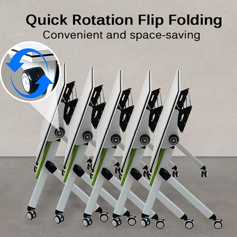 Grab This Game Changing Folding Computer Desk Featuring Heavy Duty Steel Frame And Scratch Resistant Top For Super Convenient Mobile Office Workstations In Bright Blue Color with quick rotation flip folding feature.