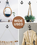 Nautical Sea Anchor Wall Hooks Set Of Four Cast Iron Vintage Coat Rack Heavy Duty Hangers For Bathroom Hallway Rustic Farmhouse Home Decor Built Different With Mounting Screws Black displayed holding various items.