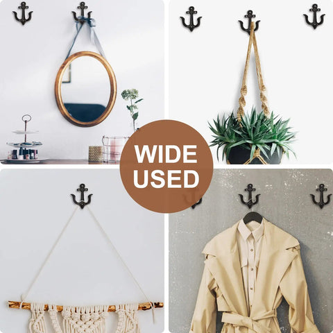 Nautical Sea Anchor Wall Hooks Set Of Four Cast Iron Vintage Coat Rack Heavy Duty Hangers For Bathroom Hallway Rustic Farmhouse Home Decor Built Different With Mounting Screws Black displayed holding various items.