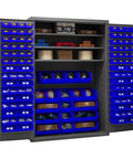 48 Inch Wide Rock Solid Steel Lockable Workshop Cabinet Featuring 138 Blue Hook On Organizers and Three Adjustable Shelves showing tools and parts organized with smooth double doors.