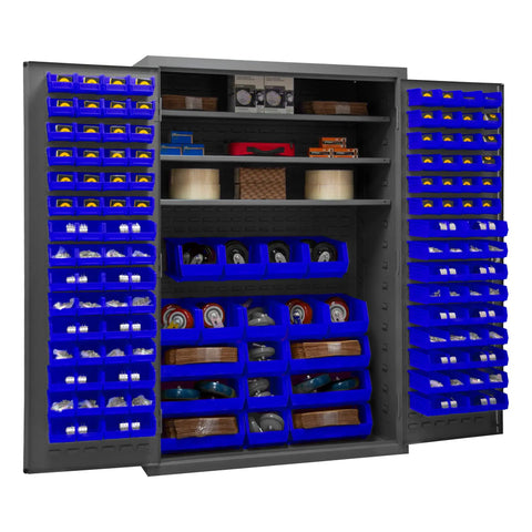 48 Inch Wide Rock Solid Steel Lockable Workshop Cabinet Featuring 138 Blue Hook On Organizers and Three Adjustable Shelves showing tools and parts organized with smooth double doors.