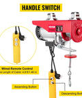 Heavy Duty 2000 Lbs Electric Hoist Crane With 39 Foot Wire Rope Wired Remote Control showing handle switch and buttons.