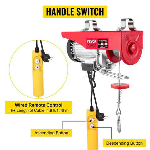 Heavy Duty 2000 Lbs Electric Hoist Crane With 39 Foot Wire Rope Wired Remote Control showing handle switch and buttons.