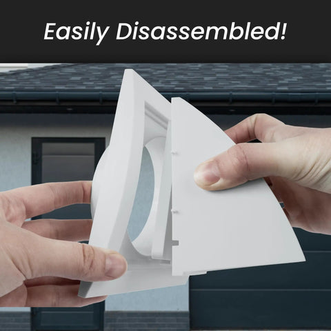 Hands showing 4 Inch White Dryer Vent Hood with Rain Cover and Backdraft Damper ABS Plastic Duct disassembled.