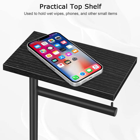 Freestanding Toilet Paper Holder With Shelf And Wood Base Black Finish Sturdy Stand For Mega Rolls Reserve Paper Storage Bathroom Organizer Easy Move No Drill Keeps Your Tissues Handy And Neat
