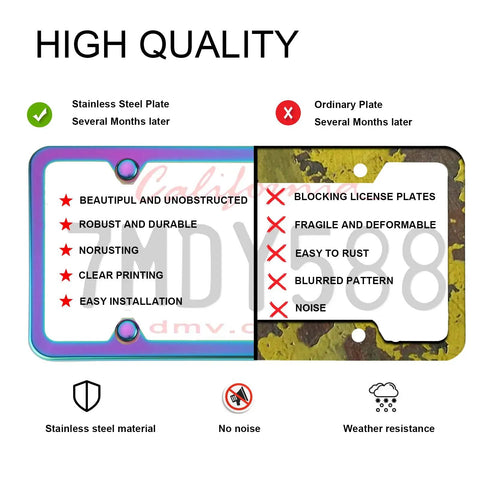 Comparison of Iridescent Snazzy License Plate Frame 2 Pack Stainless Steel with ordinary rusted plate, showing durability and clarity