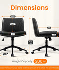 Comfy Cross Leg Chair On Five Wheels For Home Office And Vanity Makeup Setup Armless Swivel Desk Chair With PU Leather Finish Black Adjustable Height And Rolling Cozy Seat For All Day Use, showing dimensions and weight capacity of 300 lbs.