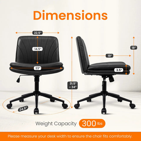 Comfy Cross Leg Chair On Five Wheels For Home Office And Vanity Makeup Setup Armless Swivel Desk Chair With PU Leather Finish Black Adjustable Height And Rolling Cozy Seat For All Day Use, showing dimensions and weight capacity of 300 lbs.
