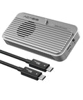 No Sweat Setup M.2 NVMe SSD Enclosure With Blazing 80Gbps Thunderbolt 5 Support, silver aluminum chassis and two USB cables.