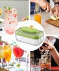 Go To Press Type Cold Block Mold Nonstick Ice Trays With Secure Lids in a kitchen setting, surrounded by cocktails and fruits.