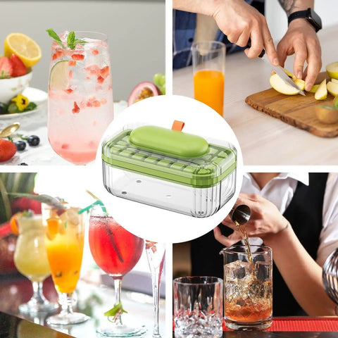 Go To Press Type Cold Block Mold Nonstick Ice Trays With Secure Lids in a kitchen setting, surrounded by cocktails and fruits.