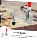 Two Pack Quick Release Toggle Clamps For Welding And Woodworking Iron Fixed Holding Clamps on a workbench with sawdust