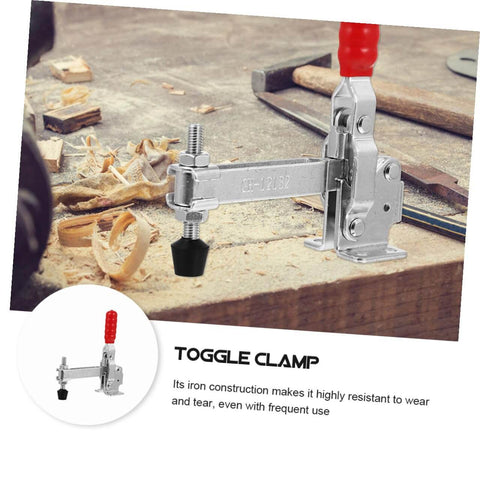 Two Pack Quick Release Toggle Clamps For Welding And Woodworking Iron Fixed Holding Clamps on a workbench with sawdust