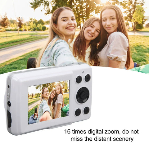 High Definition 16MP Digital Camera With 1080P Video Recording, 16X Digital Zoom, Multi Axis Stabilization, 2.4 Inch LCD Display showing selfie