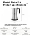 Fully Automatic Mocha Coffee Pot Electric Moka Pot Stainless Steel One Touch Coffee Maker For 3 To 6 Cups 350Ml Espresso Machine With Anti Scalding Auto Power Off Safety Gift Idea with specifications list.