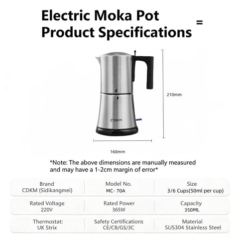 Fully Automatic Mocha Coffee Pot Electric Moka Pot Stainless Steel One Touch Coffee Maker For 3 To 6 Cups 350Ml Espresso Machine With Anti Scalding Auto Power Off Safety Gift Idea with specifications list.