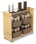 Wood Base Cabinet Pullout Organizer with Soft Close Modular Utensil Bin Knife Bin and Spice Bins includes wire frame Blum slides